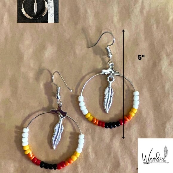 Black, Red, Orange, Yellow and White Feather Charm Beaded Hoop Earrings - Picture 3 of 10